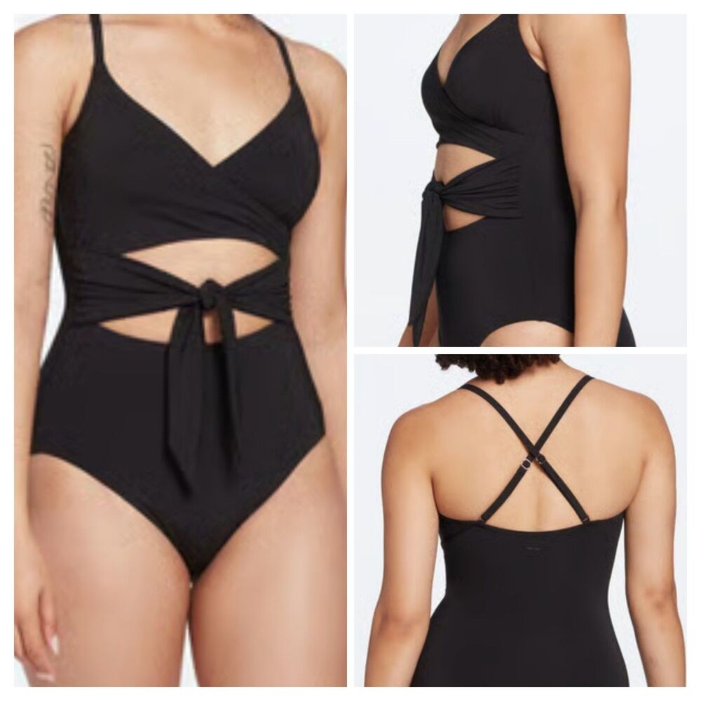 Calia Women's Swimsuit Sz 4 Black Tie Front Crisscross StrapFixed Cups $75
